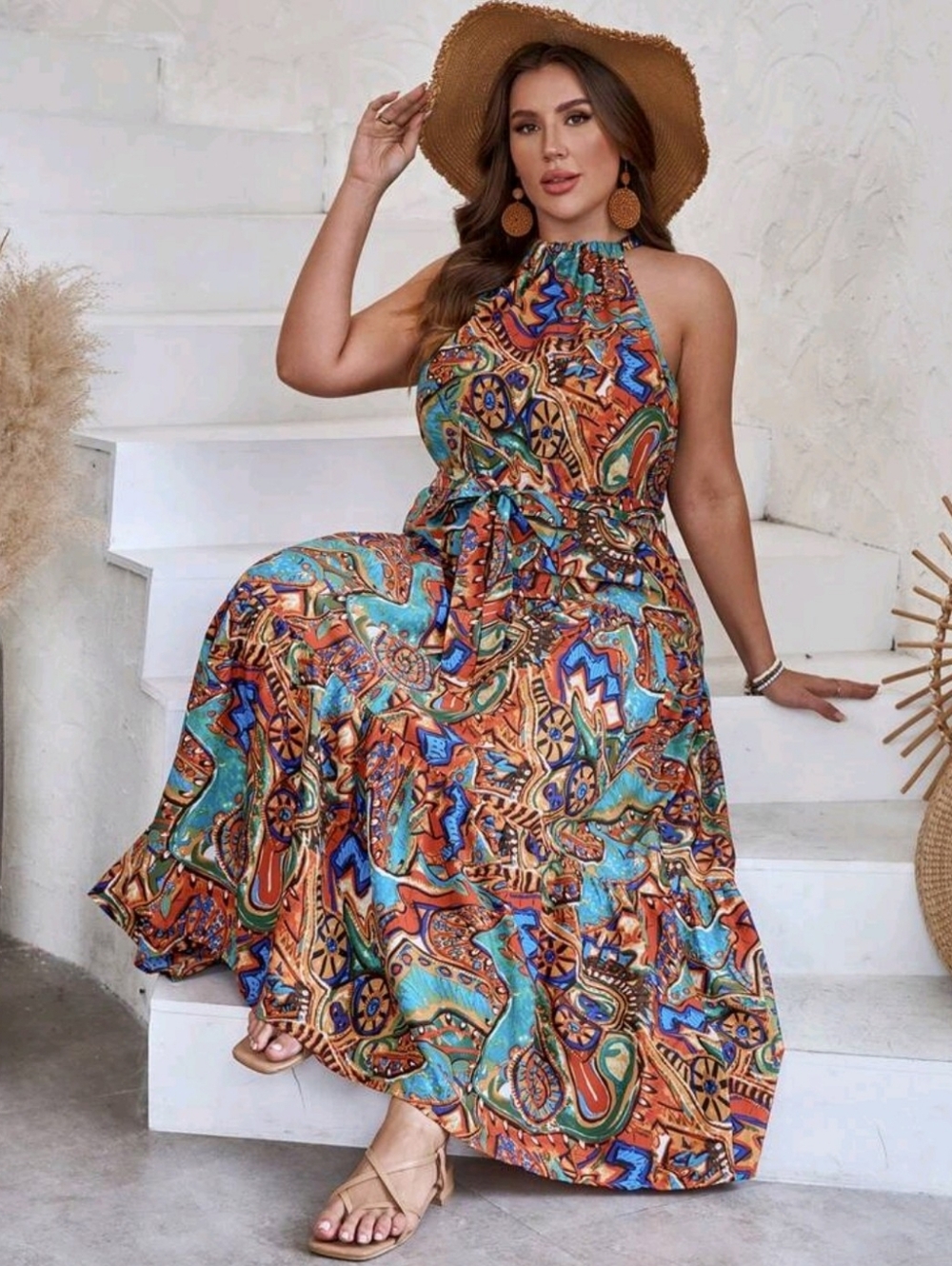 SHEIN Allover Print Ruffle Hem Belted Halter Summer Dress - Picture 2 of 4